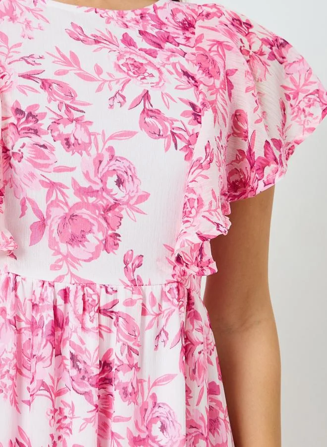 Styli  Women Pink Floral Print Ruffled Sleeves Maxi Dress for Women | Best Price UAE